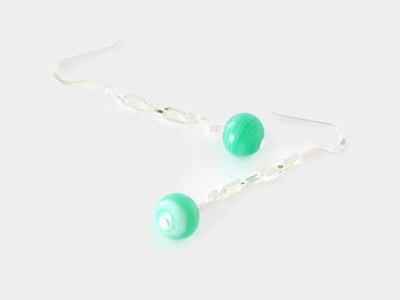Green Glass Bead Pendulum Earrings Sterling Silver Chain and Earwires - image3